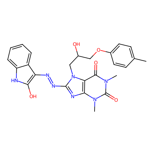 (Z)-7-(2-hydroxy-3-(p-tolyloxy)propyl)-1,3-dimethyl-8-(2-(2-oxoindolin-3-ylidene)hydrazinyl)-1H-purine-2,6(3H,7H)-dione structure