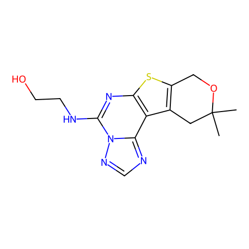 2-((10,10-dimethyl-10,11-dihydro-8H-pyrano[4',3':4,5]thieno[3,2-e][1,2,4]triazolo[1,5-c]pyrimidin-5-yl)amino)ethanol structure