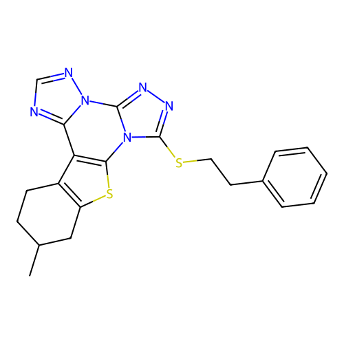 11-methyl-7-(phenethylthio)-10,11,12,13-tetrahydrobenzo[4,5]thieno[3,2-e]bis([1,2,4]triazolo)[4,3-a:1',5'-c]pyrimidine structure