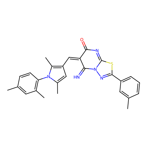(E)-6-((1-(2,4-dimethylphenyl)-2,5-dimethyl-1H-pyrrol-3-yl)methylene)-5-imino-2-(m-tolyl)-5H-[1,3,4]thiadiazolo[3,2-a]pyrimidin-7(6H)-one structure