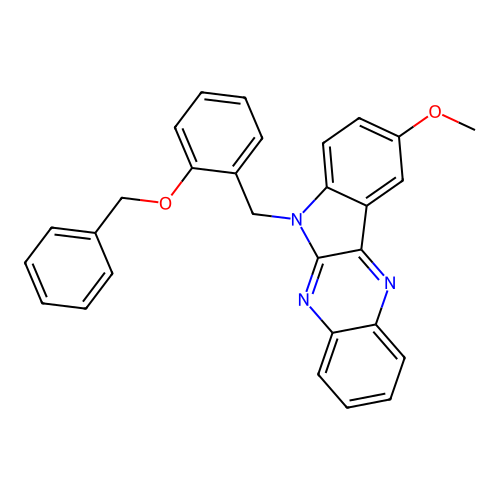 6-(2-(benzyloxy)benzyl)-9-methoxy-6H-indolo[2,3-b]quinoxaline structure