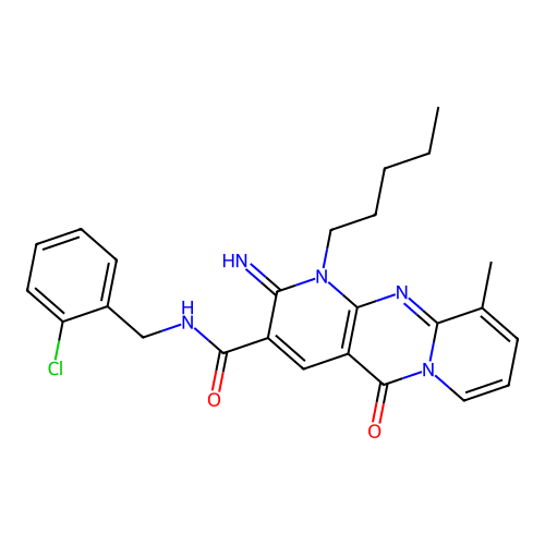 N-(2-chlorobenzyl)-2-imino-10-methyl-5-oxo-1-pentyl-1,5-dihydro-2H-dipyrido[1,2-a:2',3'-d]pyrimidine-3-carboxamide structure