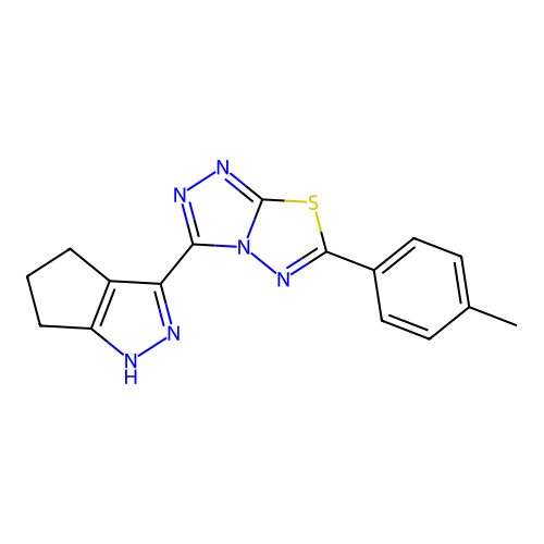 3-(1,4,5,6-tetrahydrocyclopenta[c]pyrazol-3-yl)-6-(p-tolyl)-[1,2,4]triazolo[3,4-b][1,3,4]thiadiazole structure