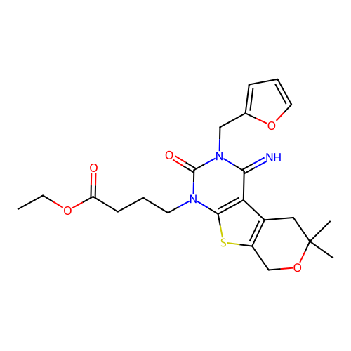 ethyl 4-(3-(furan-2-ylmethyl)-4-imino-6,6-dimethyl-2-oxo-2,3,4,5,6,8-hexahydro-1H-pyrano[4',3':4,5]thieno[2,3-d]pyrimidin-1-yl)butanoate structure