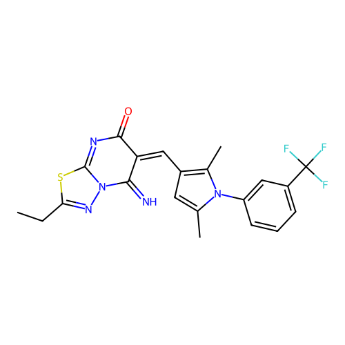(6E)-6-[[2,5-dimethyl-1-[3-(trifluoromethyl)phenyl]pyrrol-3-yl]methylidene]-2-ethyl-5-imino-[1,3,4]thiadiazolo[3,2-a]pyrimidin-7-one structure