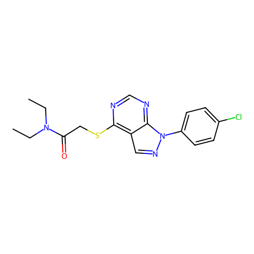 2-((1-(4-chlorophenyl)-1H-pyrazolo[3,4-d]pyrimidin-4-yl)thio)-N,N-diethylacetamide structure