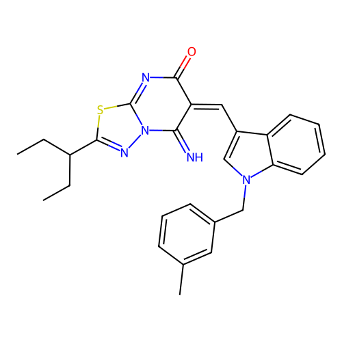 (E)-5-imino-6-((1-(3-methylbenzyl)-1H-indol-3-yl)methylene)-2-(pentan-3-yl)-5H-[1,3,4]thiadiazolo[3,2-a]pyrimidin-7(6H)-one structure