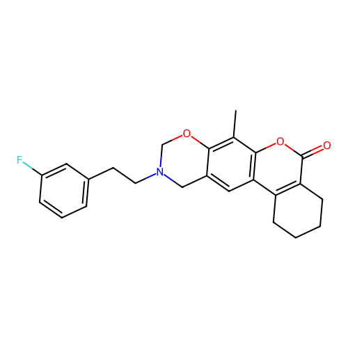 10-(3-fluorophenethyl)-7-methyl-1,2,3,4,10,11-hexahydrobenzo[3,4]chromeno[6,7-e][1,3]oxazin-5(9H)-one structure
