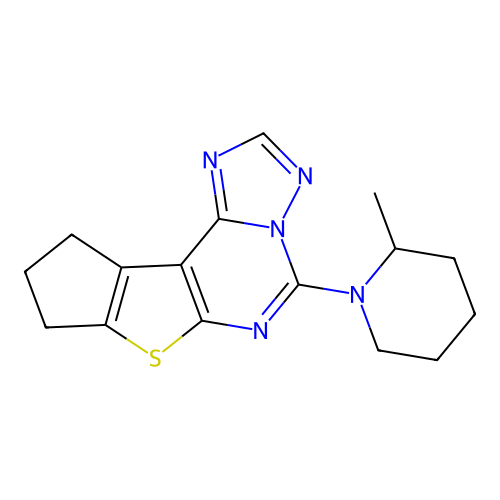 5-(2-methylpiperidin-1-yl)-9,10-dihydro-8H-cyclopenta[4,5]thieno[3,2-e][1,2,4]triazolo[1,5-c]pyrimidine structure