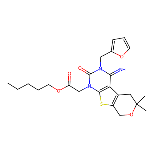 pentyl [3-(furan-2-ylmethyl)-4-imino-6,6-dimethyl-2-oxo-3,4,5,8-tetrahydro-2H-pyrano[4',3':4,5]thieno[2,3-d]pyrimidin-1(6H)-yl]acetate structure
