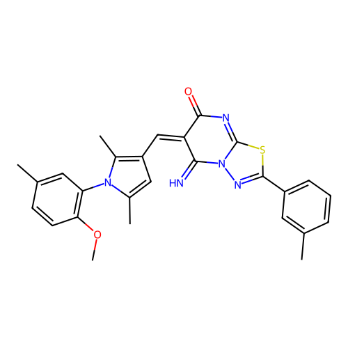 (6E)-5-imino-6-[[1-(2-methoxy-5-methylphenyl)-2,5-dimethylpyrrol-3-yl]methylidene]-2-(3-methylphenyl)-[1,3,4]thiadiazolo[3,2-a]pyrimidin-7-one structure
