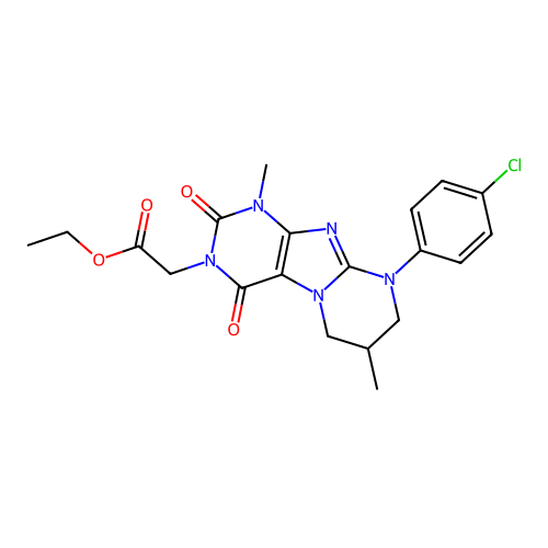 ethyl [9-(4-chlorophenyl)-1,7-dimethyl-2,4-dioxo-1,4,6,7,8,9-hexahydropyrimido[2,1-f]purin-3(2H)-yl]acetate structure