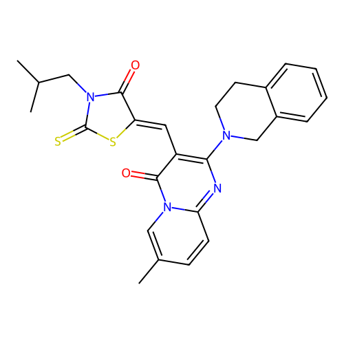 2-(3,4-dihydroisoquinolin-2(1H)-yl)-7-methyl-3-{(Z)-[3-(2-methylpropyl)-4-oxo-2-thioxo-1,3-thiazolidin-5-ylidene]methyl}-4H-pyrido[1,2-a]pyrimidin-4-one structure