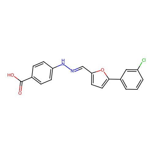 4-[(2E)-2-{[5-(3-chlorophenyl)furan-2-yl]methylidene}hydrazinyl]benzoic acid structure