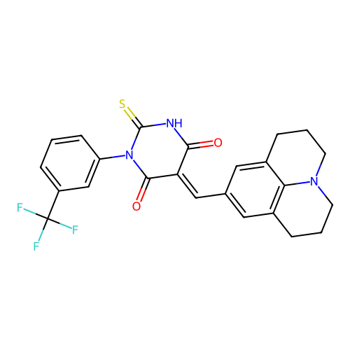 (E)-5-((1,2,3,5,6,7-hexahydropyrido[3,2,1-ij]quinolin-9-yl)methylene)-2-thioxo-1-(3-(trifluoromethyl)phenyl)dihydropyrimidine-4,6(1H,5H)-dione structure