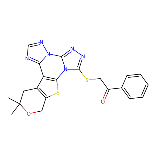 2-((12,12-dimethyl-12,13-dihydro-10H-pyrano[4',3':4,5]thieno[3,2-e]bis([1,2,4]triazolo)[4,3-a:1',5'-c]pyrimidin-7-yl)thio)-1-phenylethanone structure