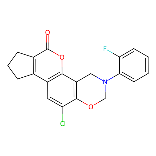 11-chloro-3-(2-fluorophenyl)-3,4,8,9-tetrahydro-2H-cyclopenta[3,4]chromeno[8,7-e][1,3]oxazin-6(7H)-one structure