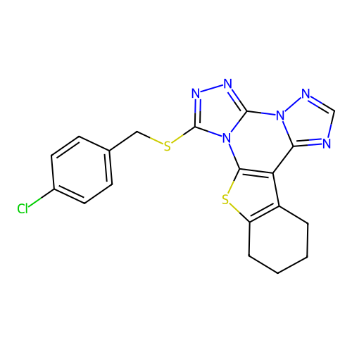 7-((4-chlorobenzyl)thio)-10,11,12,13-tetrahydrobenzo[4,5]thieno[3,2-e]bis([1,2,4]triazolo)[4,3-a:1',5'-c]pyrimidine structure