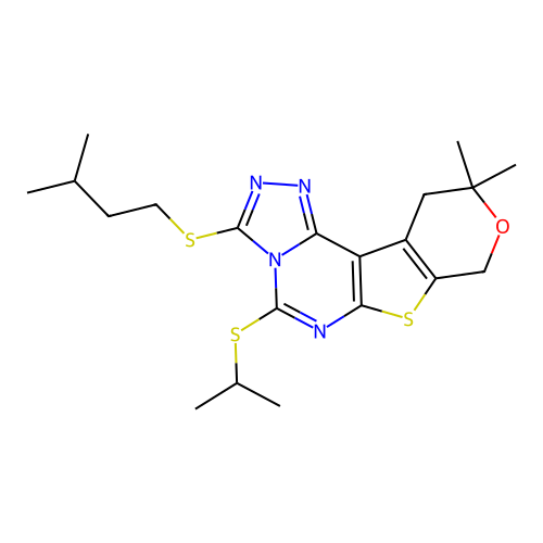 10,10-dimethyl-3-[(3-methylbutyl)sulfanyl]-5-(propan-2-ylsulfanyl)-10,11-dihydro-8H-pyrano[4',3':4,5]thieno[3,2-e][1,2,4]triazolo[4,3-c]pyrimidine structure