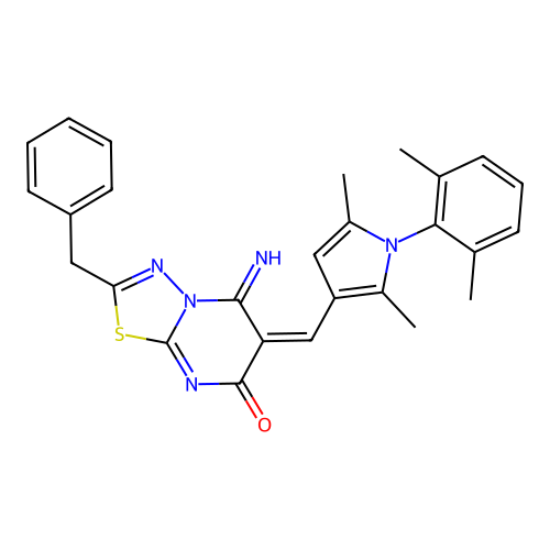 (E)-2-benzyl-6-((1-(2,6-dimethylphenyl)-2,5-dimethyl-1H-pyrrol-3-yl)methylene)-5-imino-5H-[1,3,4]thiadiazolo[3,2-a]pyrimidin-7(6H)-one structure
