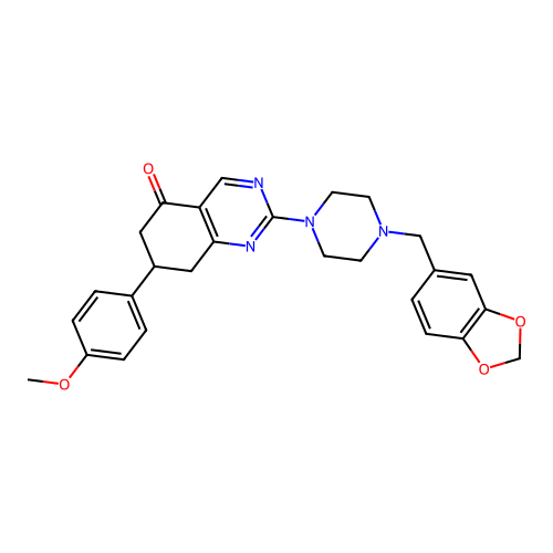 2-[4-(1,3-benzodioxol-5-ylmethyl)piperazin-1-yl]-7-(4-methoxyphenyl)-7,8-dihydroquinazolin-5(6H)-one structure