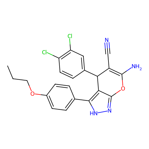 6-amino-4-(3,4-dichlorophenyl)-3-(4-propoxyphenyl)-2,4-dihydropyrano[2,3-c]pyrazole-5-carbonitrile structure