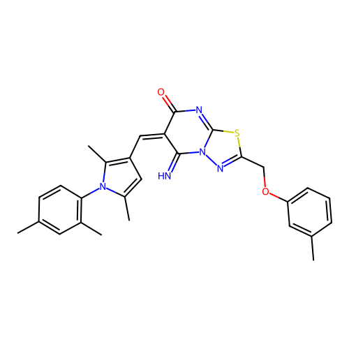 (E)-6-((1-(2,4-dimethylphenyl)-2,5-dimethyl-1H-pyrrol-3-yl)methylene)-5-imino-2-((m-tolyloxy)methyl)-5H-[1,3,4]thiadiazolo[3,2-a]pyrimidin-7(6H)-one structure