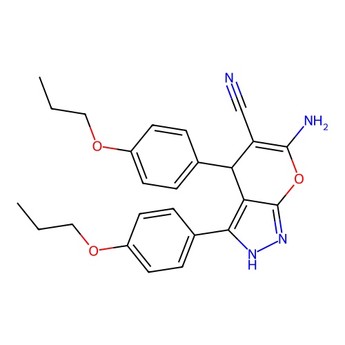 6-Amino-3,4-bis(4-propoxyphenyl)-2,4-dihydropyrano[2,3-c]pyrazole-5-carbonitrile structure