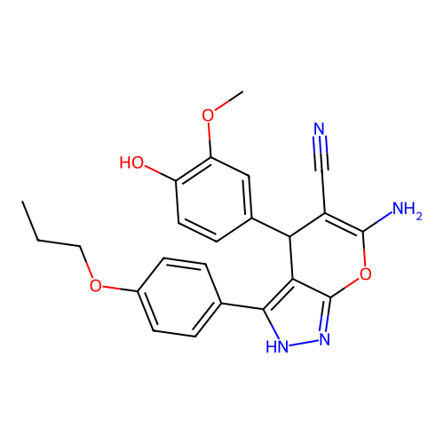 6-amino-4-(4-hydroxy-3-methoxyphenyl)-3-(4-propoxyphenyl)-2,4-dihydropyrano[2,3-c]pyrazole-5-carbonitrile structure