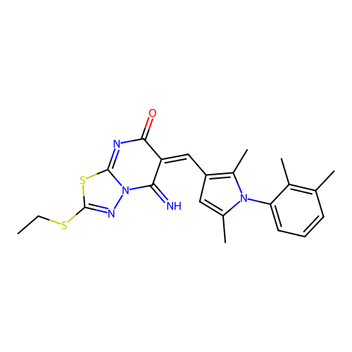 (6E)-6-[[1-(2,3-dimethylphenyl)-2,5-dimethylpyrrol-3-yl]methylidene]-2-ethylsulfanyl-5-imino-[1,3,4]thiadiazolo[3,2-a]pyrimidin-7-one structure