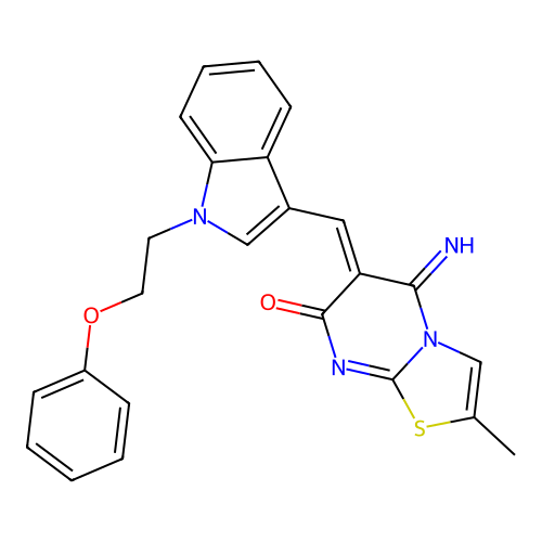 (6Z)-5-imino-2-methyl-6-[[1-(2-phenoxyethyl)indol-3-yl]methylidene]-[1,3]thiazolo[3,2-a]pyrimidin-7-one structure
