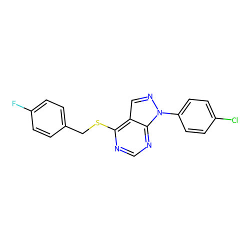 1-(4-chlorophenyl)-4-[(4-fluorobenzyl)sulfanyl]-1H-pyrazolo[3,4-d]pyrimidine structure