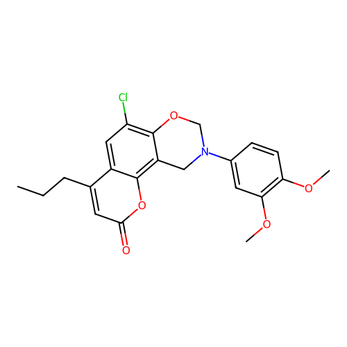 6-chloro-9-(3,4-dimethoxyphenyl)-4-propyl-8,10-dihydropyrano[2,3-f][1,3]benzoxazin-2-one structure
