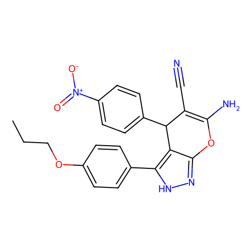 6-amino-4-(4-nitrophenyl)-3-(4-propoxyphenyl)-2,4-dihydropyrano[2,3-c]pyrazole-5-carbonitrile structure