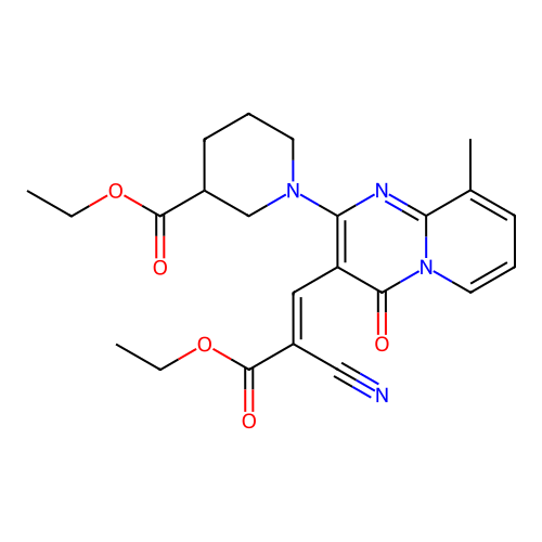 (E)-ethyl 1-(3-(2-cyano-3-ethoxy-3-oxoprop-1-en-1-yl)-9-methyl-4-oxo-4H-pyrido[1,2-a]pyrimidin-2-yl)piperidine-3-carboxylate structure