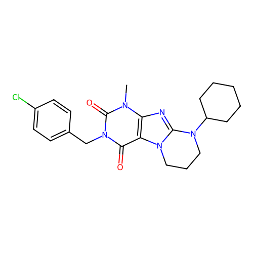 3-(4-chlorobenzyl)-9-cyclohexyl-1-methyl-6,7,8,9-tetrahydropyrimido[2,1-f]purine-2,4(1H,3H)-dione structure