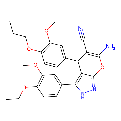 6-amino-3-(4-ethoxy-3-methoxyphenyl)-4-(3-methoxy-4-propoxyphenyl)-2,4-dihydropyrano[2,3-c]pyrazole-5-carbonitrile structure