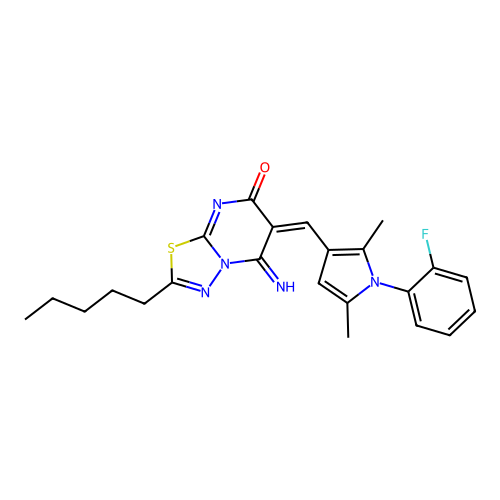 (6E)-6-[[1-(2-fluorophenyl)-2,5-dimethylpyrrol-3-yl]methylidene]-5-imino-2-pentyl-[1,3,4]thiadiazolo[3,2-a]pyrimidin-7-one structure