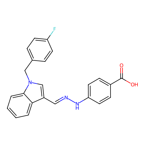 4-[(2E)-2-{[1-(4-fluorobenzyl)-1H-indol-3-yl]methylidene}hydrazinyl]benzoic acid structure