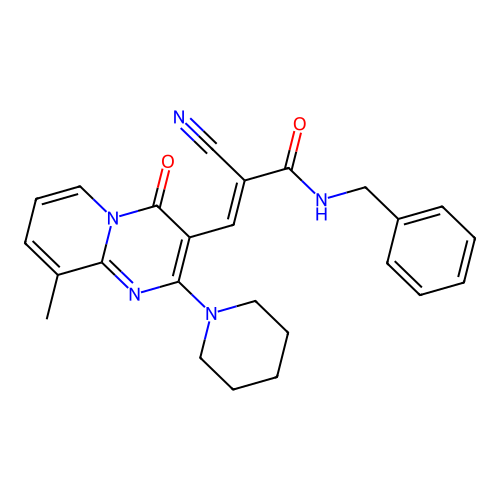(2E)-N-benzyl-2-cyano-3-[9-methyl-4-oxo-2-(piperidin-1-yl)-4H-pyrido[1,2-a]pyrimidin-3-yl]prop-2-enamide structure