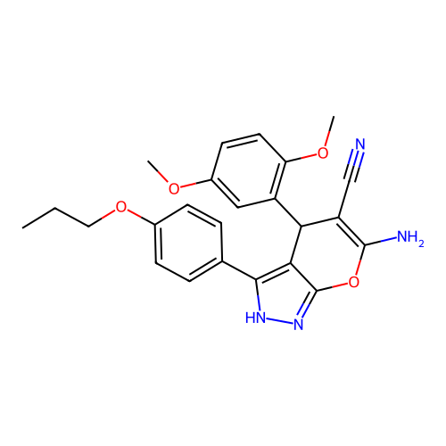 6-amino-4-(2,5-dimethoxyphenyl)-3-(4-propoxyphenyl)-2,4-dihydropyrano[2,3-c]pyrazole-5-carbonitrile structure