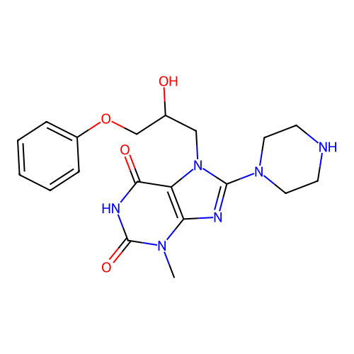 6-hydroxy-7-(2-hydroxy-3-phenoxypropyl)-3-methyl-8-(piperazin-1-yl)-3,7-dihydro-2H-purin-2-one structure