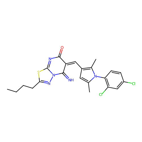 (6E)-2-butyl-6-[[1-(2,4-dichlorophenyl)-2,5-dimethylpyrrol-3-yl]methylidene]-5-imino-[1,3,4]thiadiazolo[3,2-a]pyrimidin-7-one structure