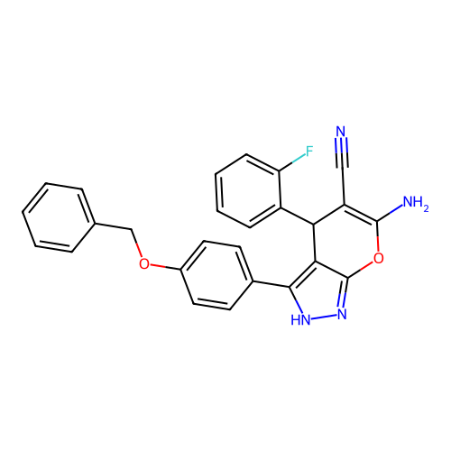 6-amino-3-(4-(benzyloxy)phenyl)-4-(2-fluorophenyl)-1,4-dihydropyrano[2,3-c]pyrazole-5-carbonitrile structure
