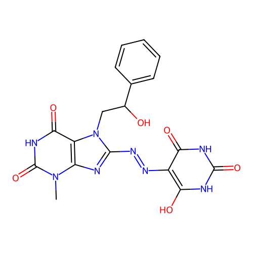 5-(2-(7-(2-hydroxy-2-phenylethyl)-3-methyl-2,6-dioxo-2,3,6,7-tetrahydro-1H-purin-8-yl)hydrazono)pyrimidine-2,4,6(1H,3H,5H)-trione structure