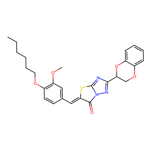 (Z)-2-(2,3-dihydrobenzo[b][1,4]dioxin-2-yl)-5-(4-(hexyloxy)-3-methoxybenzylidene)thiazolo[3,2-b][1,2,4]triazol-6(5H)-one structure