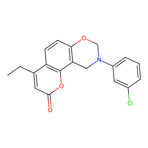 9-(3-chlorophenyl)-4-ethyl-9,10-dihydro-2H,8H-chromeno[8,7-e][1,3]oxazin-2-one structure