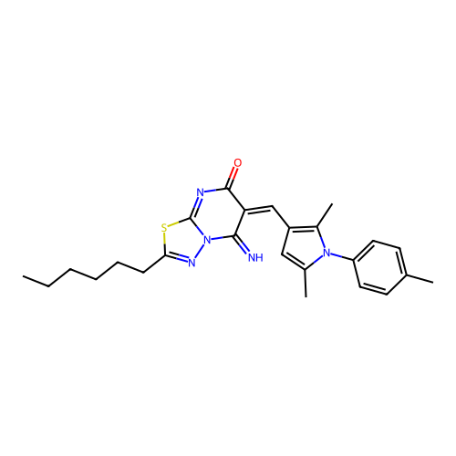 (6E)-6-[[2,5-dimethyl-1-(4-methylphenyl)pyrrol-3-yl]methylidene]-2-hexyl-5-imino-[1,3,4]thiadiazolo[3,2-a]pyrimidin-7-one structure