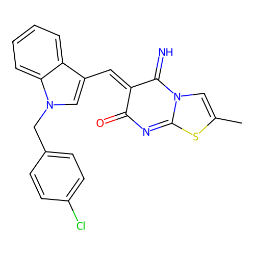 (6Z)-6-[[1-[(4-chlorophenyl)methyl]indol-3-yl]methylidene]-5-imino-2-methyl-[1,3]thiazolo[3,2-a]pyrimidin-7-one structure