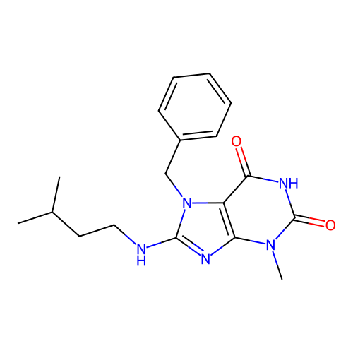 7-benzyl-6-hydroxy-3-methyl-8-[(3-methylbutyl)amino]-3,7-dihydro-2H-purin-2-one structure